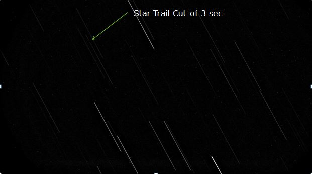 Star trails with a three-second occultation break marked