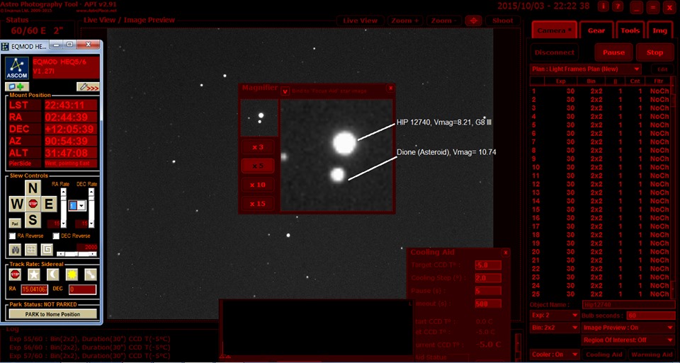 Astronomy capture software showing asteroid Dione and HIP 12740